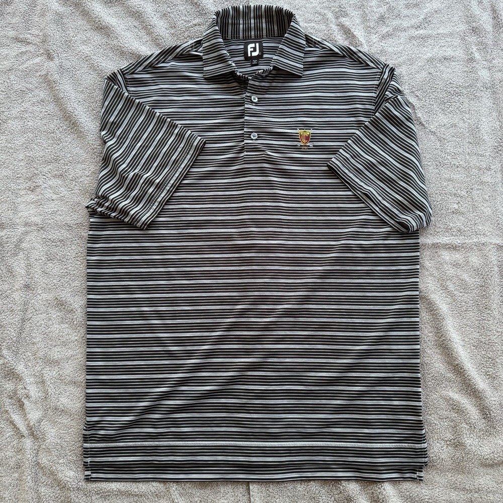 FootJoy FJ Golf Polo Shirt Mens Large Gray Black Striped Performance 1916 Logo